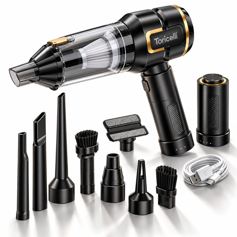 Aspirator Auto Portabil Toricelli 17.000 Pa, Fără Fir, Baterie 6000 mAh Detașabilă, Filtru HEPA Lavabil, Suflantă, Pompă și Lanternă LED 6 în 1