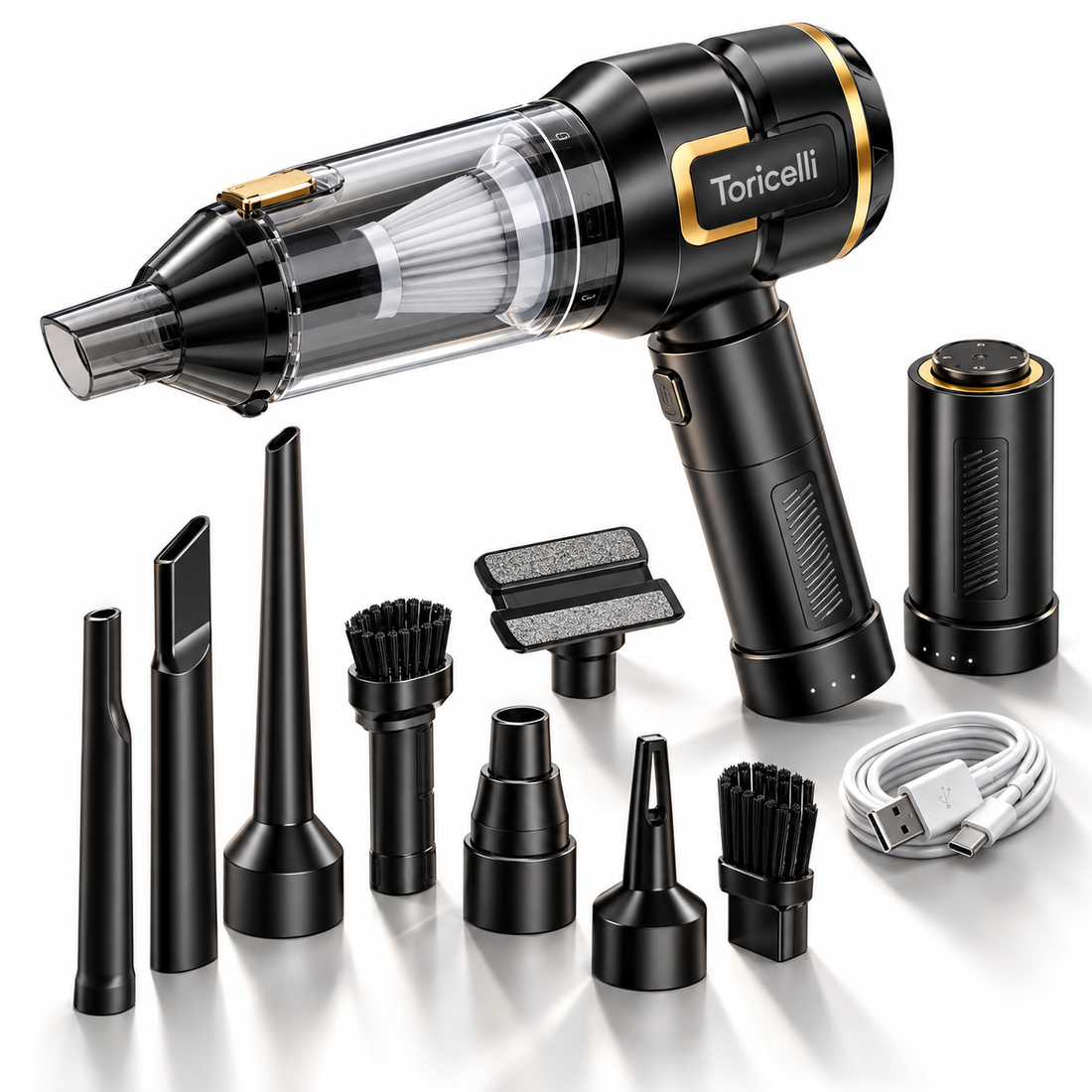 Aspirator Auto Portabil Toricelli 17.000 Pa, Fără Fir, Baterie 6000 mAh Detașabilă, Filtru HEPA Lavabil, Suflantă, Pompă și Lanternă LED 6 în 1