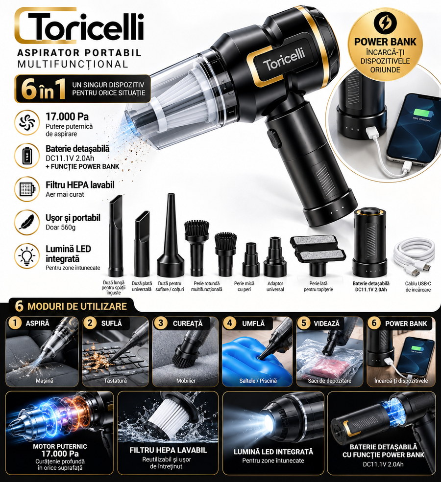 Aspirator Auto Portabil Toricelli 17.000 Pa, Fără Fir, Baterie 6000 mAh Detașabilă, Filtru HEPA Lavabil, Suflantă, Pompă și Lanternă LED 6 în 1